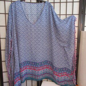 Vintage, Sheer, Chiffon. Poncho/Kaftan Tunic, O/S, Blue w/ Red, V-Neck
